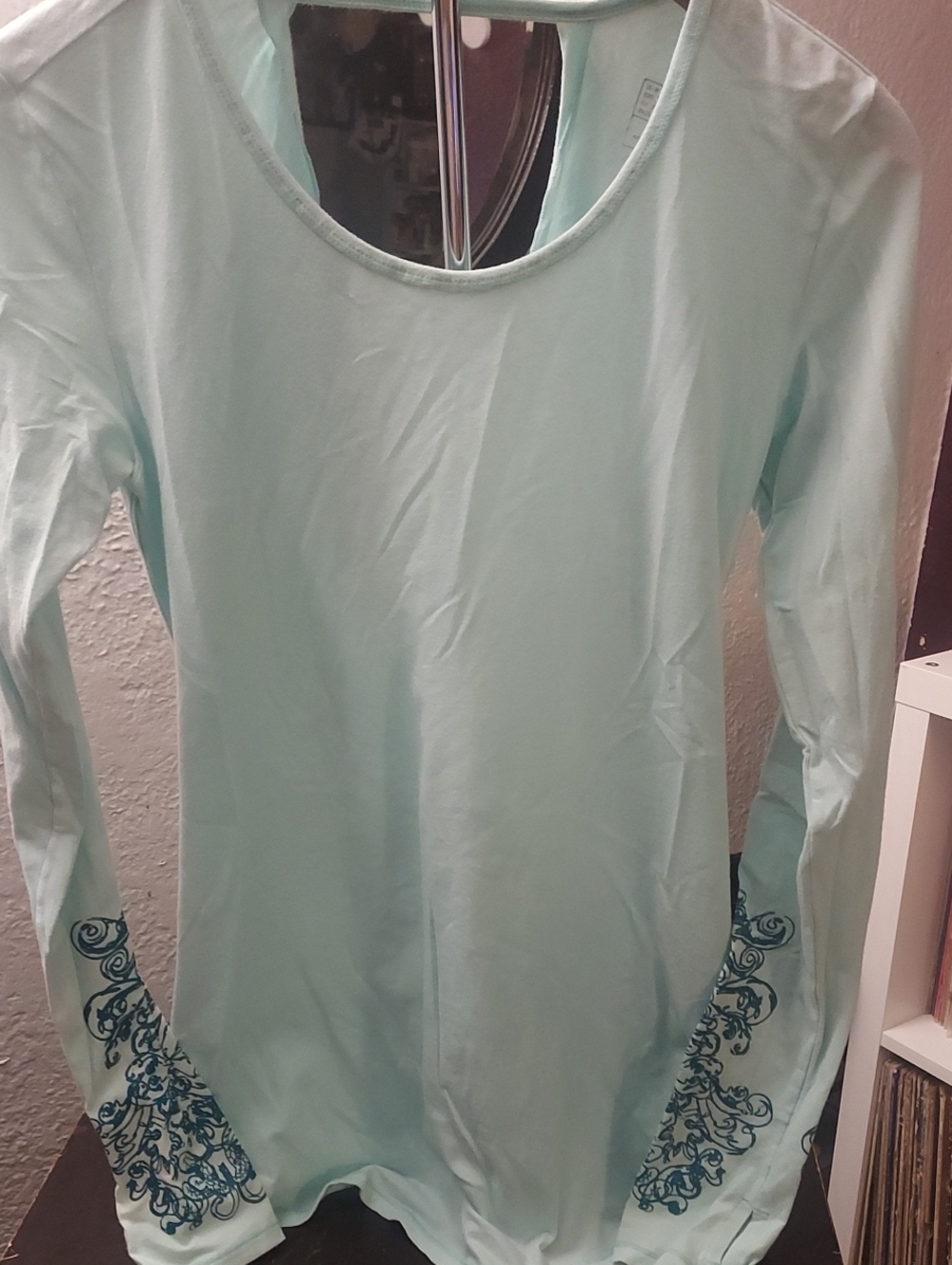New Balance Mint Green Long Sleeve Tee with Teal Sleeve Scrolls